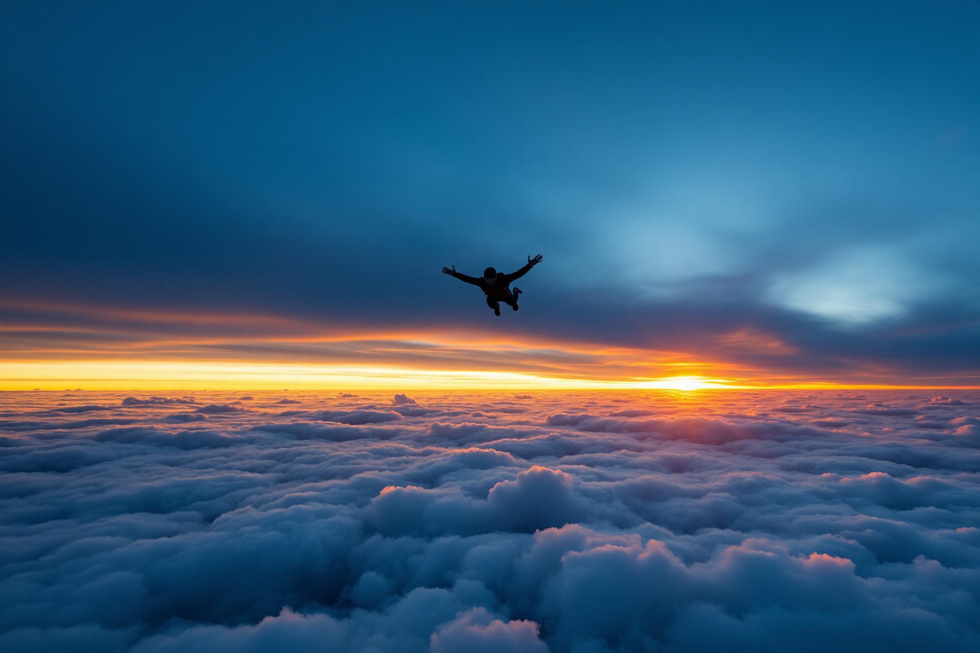 Skydiver in freefall above the clouds at sunset